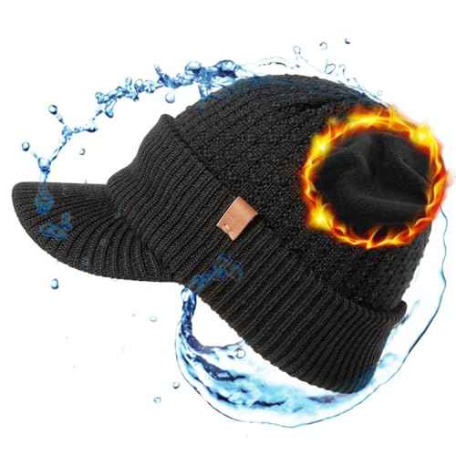 TOP-EX DryKnit¢â Waterproof 50% Merino Wool Visor Beanie Hat for Men Fleece Lined Winter Hat with Brim for Big Heads