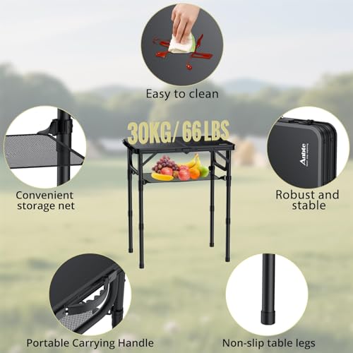 Anbte Folding Camping Table with Storage Net, Pure Black Aluminum 2ft Picnic Table 23.2" x 16" Outdoor Table Adjustable He...