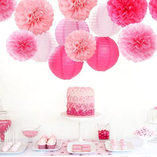 Light-Hot Pink Party-Decorations Paper-Flowers Lanterns - 15pcs Graduation Girl Birthday Decor Tissue Pom Poms Streamers, ...