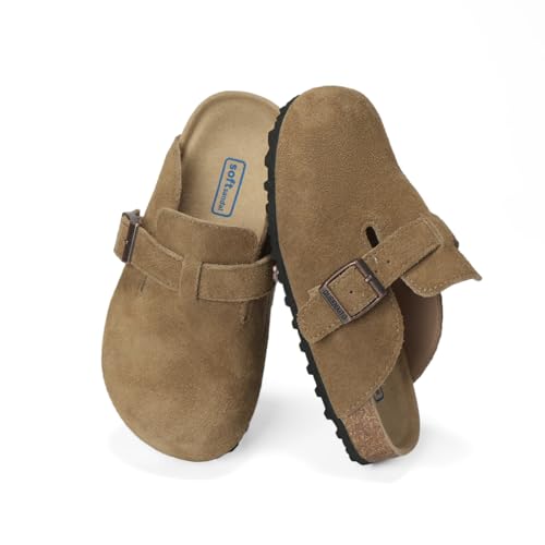 Hebelee Kids Suede Clogs Toddler Clogs for Girls Boys Cork Footbed Mules Adjustable Buckle Sandals for Indoor Outdoor