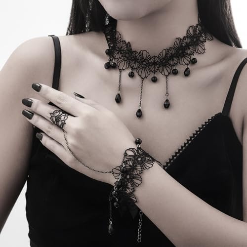 Bestleey Gothic Layered Lace Choker Necklace Earrings Set for Women,Vintage Black Crystal Tassels Necklaces Earrings Set Statement Punk Style Necklaces Earring Halloween Dark Vampire Jewelry (Black1)