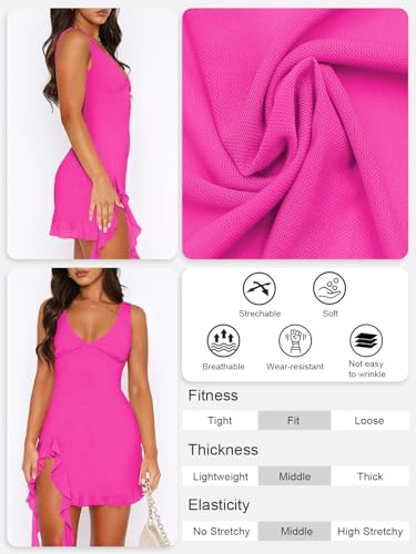 MIYIEONZ Women Sleeveless Sexy V Neck Bodycon Mini Dress Summer Side Slit Mesh Irregular Ruffle Hem Backless Short Dress