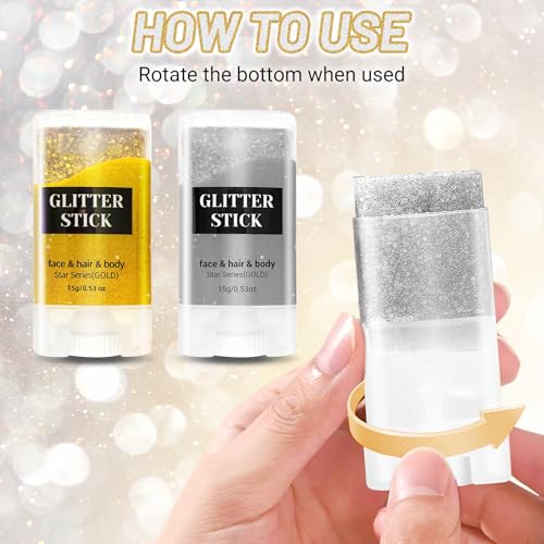 2PCS Face Body Glitter Stick,Gold Silver Hair Glitter Stick for Kids Women,Roll on Body Face Glitter Gel Makeup Hair Acces...