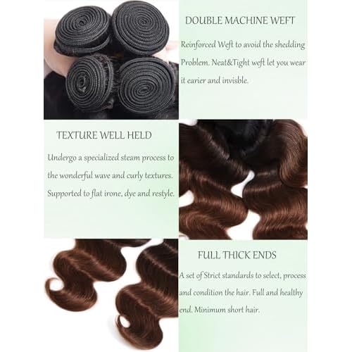 KLAIYI Ombre Brown Body Wave Bundles Human Hair Extensions with Dark Roots 100% Unprocessed Brazilian Real Virgin Hair Weaves Chestnut Brown Double Wefts 12A Wavy One Bundle 24Inch Sew in Piano Color