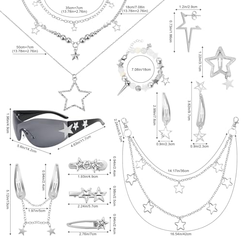 IHFAIO Y2k Accessories, 17 Pcs Y2K Set, Y2K Sunglasses, Star Necklace, Earrings, Pant Chain, Hair Clips, Bracelet, Y2K Acc...