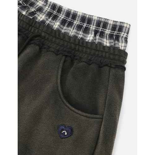 Aelfric Eden Double Waist Washed Baggy Sweatpants Loose Wide Leg Plaid Patchwork Casual Pants with Pockets