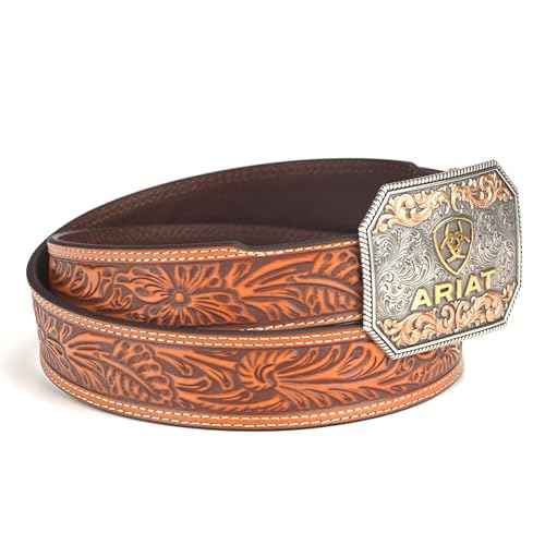 ARIAT Men's Raised Logo Floral Embossed Tapered Leather Belt