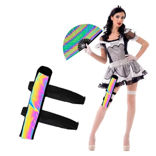 Rave Fan Holster,Large Rave Reflective Fan Hand Fan with Holster,Hand Fan Holder&Thigh Holster for Rave Essentials Shroom