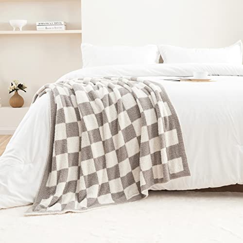 CozeCube Super Soft Fullfy Microfiber Reversible Knitted Blankets, Warm Cozy Fuzzy Plush Throw, Grey and White Checkered T...