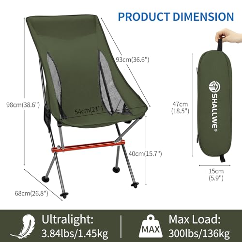 SHALLWE Camping Chairs, All Aluminum Frame Portable Folding Camp Chair for Adults, Heavy Duty High Back Collapsible with B...