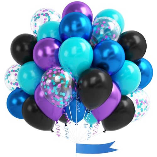 Black Purple Blue Balloon, 60 Pcs 12 Inches Metallic Blue Purple Teal Balloons Confetti Balloons for Kids Video Game Party...