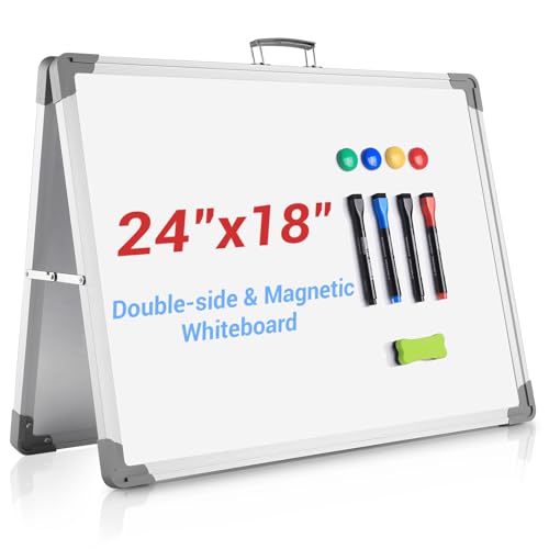White Board Dry Erase 24" x 18", Magnetic Portable Foldable Whiteboard Double Sided Desktop Dry Erase Board Easel on Table...
