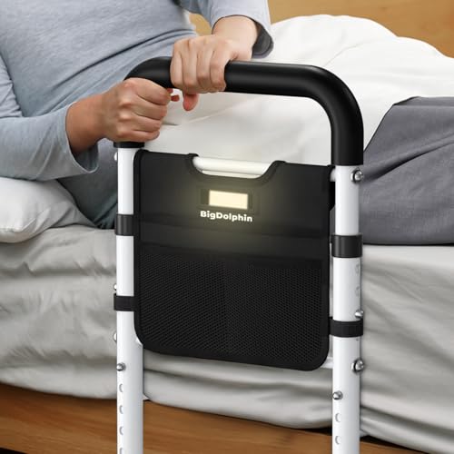 BigDolphin Bed Rails - ASTM Approved Adjustable Bed Cane with Motion Sensor Light, Non-Slip Ergonomic Handle & Storage Poc...