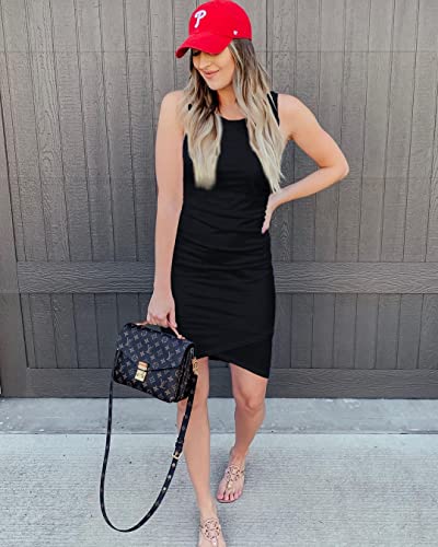 BTFBM Women Summer Dresses 2026 Sleeveless Tank Crew Neck Ruched Bodycon Party Club Beach Mini Casual Spring Dress
