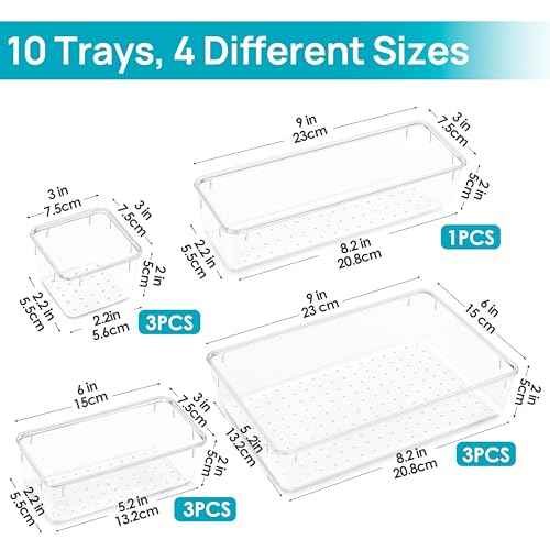 Vtopmart 10 Pcs Makeup Drawer Organizer Bins Set, 4 Size Plastic Makeup and Vanity Organizer Trays, Clear Acrylic Vanity Storage Containers for Cosmetics, Toiletries, Jewelry, Gadgets, Office Supply