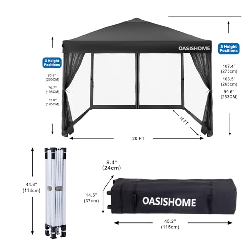 OASISHOME 10'x10' Pop-Up Gazebo Canopy Tent with Netting Sidewalls & Wheeled Bag,Weight Bag, Stakes, Ropes, Waterproof, UV...