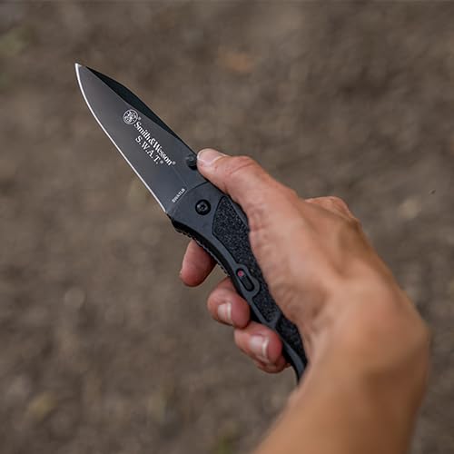 Smith & Wesson Large S.W.A.T. Folding Knife with 3.7in Drop Point Blade, Aluminum Handle, Stainless Steel, For Tactical, S...