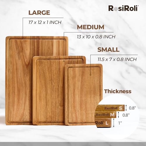 RosiRoli Acacia Wood Cutting Board for Kitchen, Set of 3 - Durable 1" Thick Chopping Boards with Juice Grooves & Handles f...