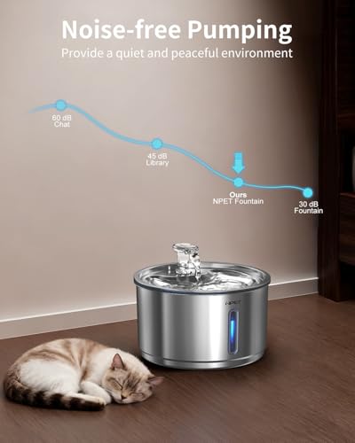 NPET Stainless Steel Cat Water Fountain, 1Gallon/135oz Automatic Pet Drinking Fountain Dog Water Dispenser with 4 Replacem...