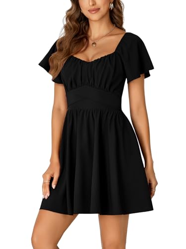 Rooscier Women's Tie Back Square Neck Wrap Ruffle Short Sleeve Flare Mini Dress