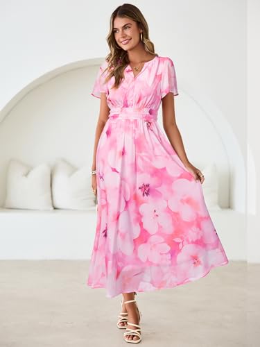 Simplee Women Floral Summer Maxi Dress Boho Flowy Casual Chiffon Short Sleeves V Neck Long Wedding Guest Dresses