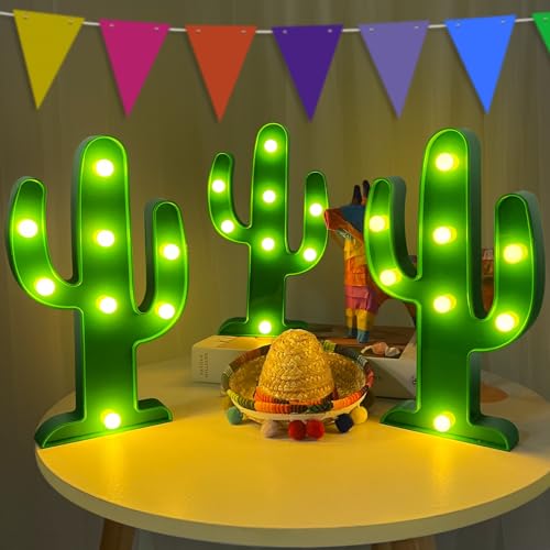 Extra Large - 3 Pack LED Cactus Light Cinco de Mayo Decorations 10 x 5.5 Inch Cactus Decor Mexican Fiesta Party Decoration...