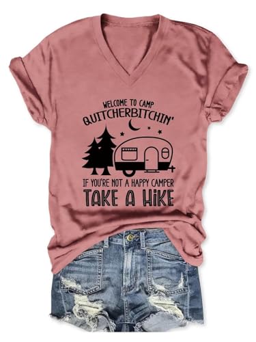 Camp Shirts Women Funny Camping Graphic Tees Welcome to Camp Quitcherbitchin T-Shirt Tees V Neck Tops
