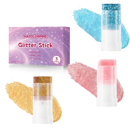 HAIOLORPRO Gold Blue Pink Body Glitter Stick, Face Hair Glitter Stick for Kids, Glitter Face Paint Hair Accessories for Wo...