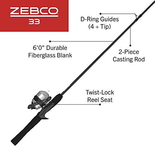 Zebco 33 Spincast and 606 Spincast Fishing Rod and Reel Combos with 6-Foot 2-Piece and 6-Foot 6-Inch 2-Piece Fiberglass Rods