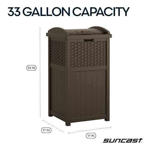 Suncast 33 Gallon Commercial Outdoor Trashcan Hideaway with Lid for 30 to 33 Gallon Trash Bags for Garage, Backyard, or Garden, Brown