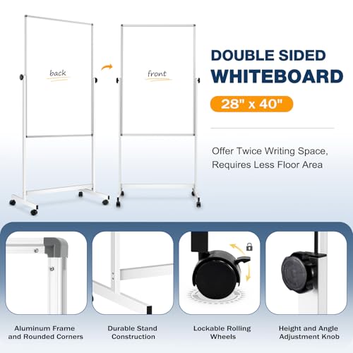 [15 Sq/ft] Large Double-Sided Rolling Whiteboard, 28"x40" Reversible Dry Erase Board with Stand, Magnetic White Board on W...