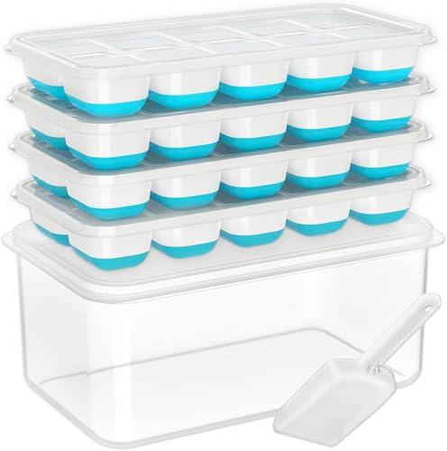 DOQAUS Ice Cube Tray with Lid and Bin - 4 Pack Silicone Ice Cube Trays for Freezer, Stackable Ice Bucket Kits with Storage...