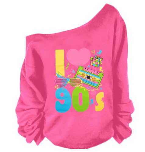 QLIPIN 80s 90s Outfits for Women 80's Theme Party Long Sleeve Shirt 90s Off the Shoulder Sweatshirt Retro Neon Disco Pullover