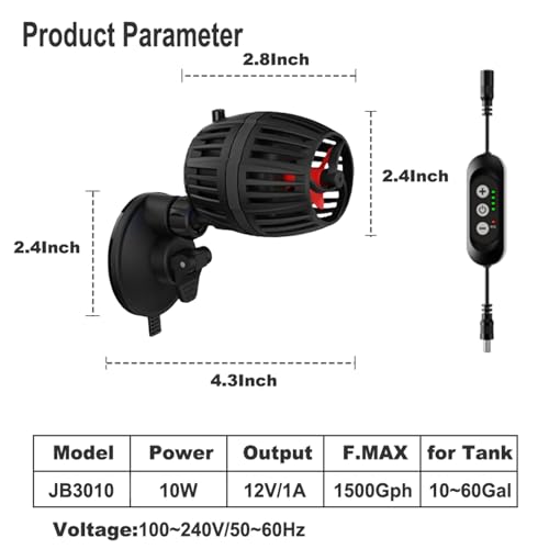 Carefree Fish Aquarium DC12V 10W Wave Maker 4 Level Adjustable Flow Rate Powerhead 1500Gph Wave Pump for 10~60Gal Freshwat...