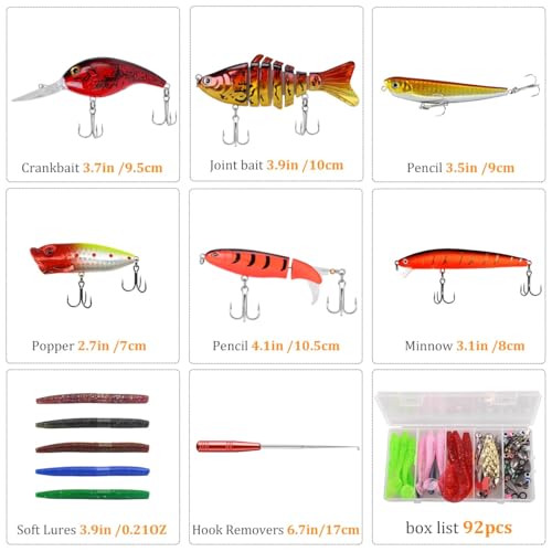 104PCS Fishing Lures Kit with Glide Bait, Hooks,Weights, Fish Hook Remover Tool& Fishing Accessories, Fishing Gear Set for...