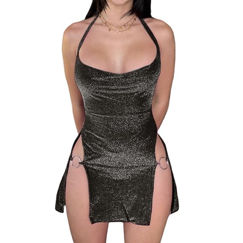 Women's Sexy Glitter Summer Halter Bodycon Dress Lace Criss Cross Spaghetti Mini Dress Backless Cowl Neck Party Dresses
