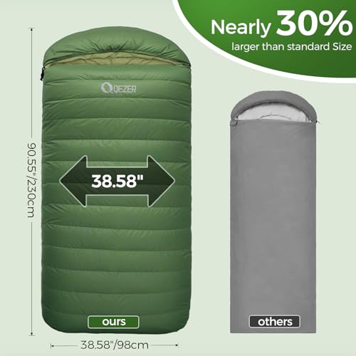 QEZER XL Sleeping Bag-600 Fill Power Down Sleeping Bag for Adults, Ultralight Ideal for Backpacking, Camping, Hiking