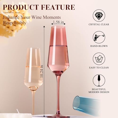 TrophyToast Colored Champagne Flutes Set of 6, Large 8 Oz【Hand Blown】 Crystal Wine Glasses, Lead-Free Colored Wine Glasses...