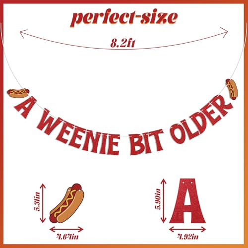 A Weenie Bit Older Banner - Hot Dog Birthday Decor, Retro BBQ Cookout Theme Birthday Party Decorations Red Glitter