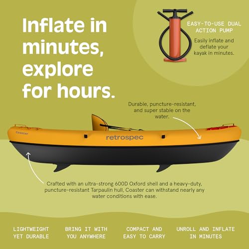 Retrospec Coaster Single & Tandem Inflatable Kayak for Adults, 220 & 440lb Weight Capacity, Lightweight with Paddle & Pump