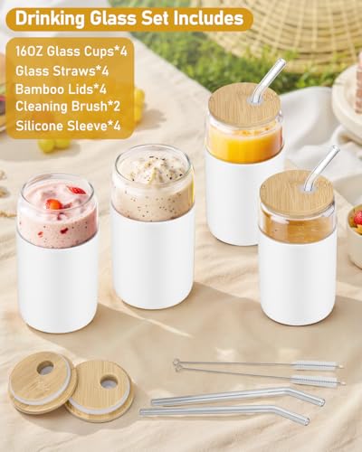 sungwoo Glass Cups with Lids and Straws, 4 Pack 16OZ Iced Coffee Cups with Silicone Sleeve, Glass Tumbler with Straw and B...