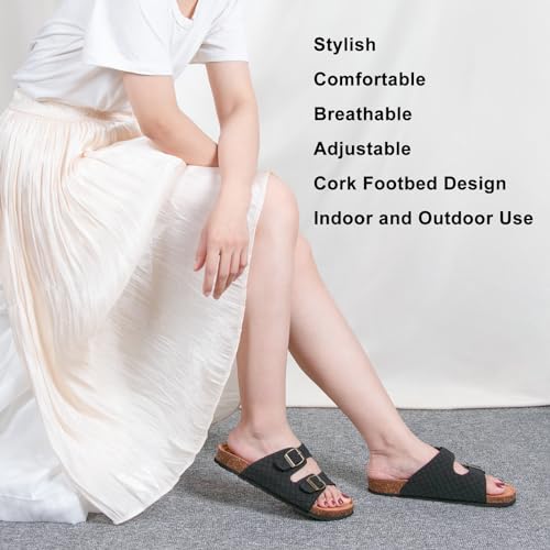 PRIMNICE Women's Comfy Arch Support Cork Footbed Adjustable Knitting Straps Indoor and Outdoor Slides Sandals