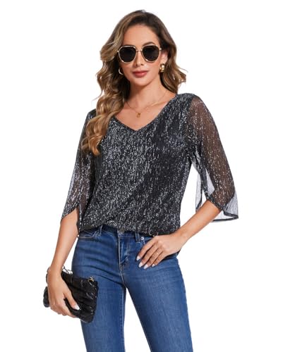 BILIKE JOMEX Women's 3/4 Sleeve Glitter Blouses Dressy Sparkly Double Layers Mesh Tops