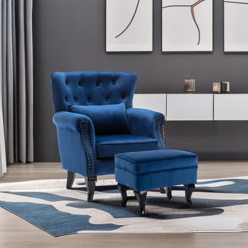 chairus Mid-Century Modern Accent Chair with Ottoman, Comfy Velvet Single Sofa Chair Button Tufted Wingback Armchair with Pillow for Living Room/Bedroom/Club - Blue