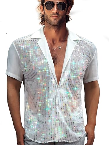 AIBEIX Mens Mesh Sequins See Through 70s Disco Long Sleeve Button Down Shirts