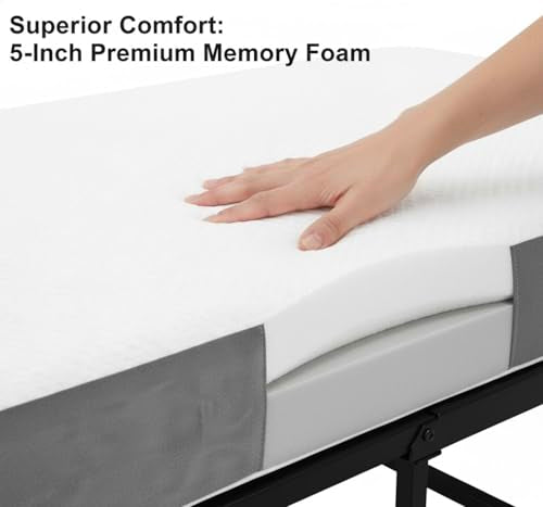 Omelaza Foldable Bed with 5" Memory Foam Mattress, 75 x 31 Inch Portable Guest Bed - Steel Frame, Wheels for Adults, Campi...