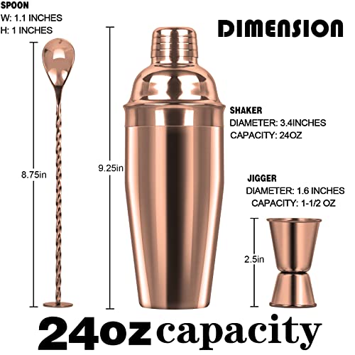 Large 24oz Cocktail Shaker Set, Stainless Steel 18/8 Martini Mixer Shaker with Built-in Strainer, Measuring Jigger & Mixin...