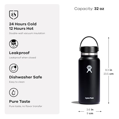 Hydro Flask Water Bottle - Insulated Stainless Steel - Wide Mouth Flex Lid, Non Spill, Leakproof and Refillable in 32 Oz I...