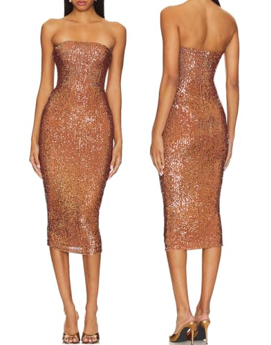 Capuffy Women Strapless Sequin Fantasy Midi Dress Sleeveless Tube Bodycon Club Dress Sparkly Glitter Cocktail Party Dress 77