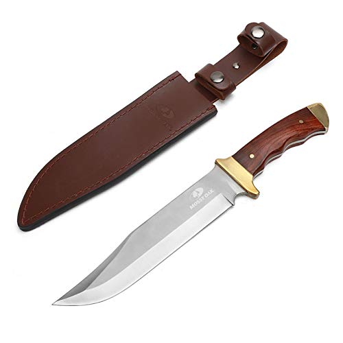 Mossy Oak 14-inch Bowie Knife, Full-tang Fixed Blade, Wood Handle Hunting Knife with Leather Sheath for Camping, Hiking, S...